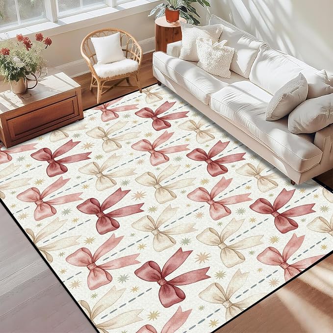 Pink Bowknot Area Rug 6'x9' Watercolor Coquette Aesthetic Non-Slip Washable Carpet for Bedroom Living Room Nursery Kitchen Playroom Home Decor Soft Low Pile Floor Mat