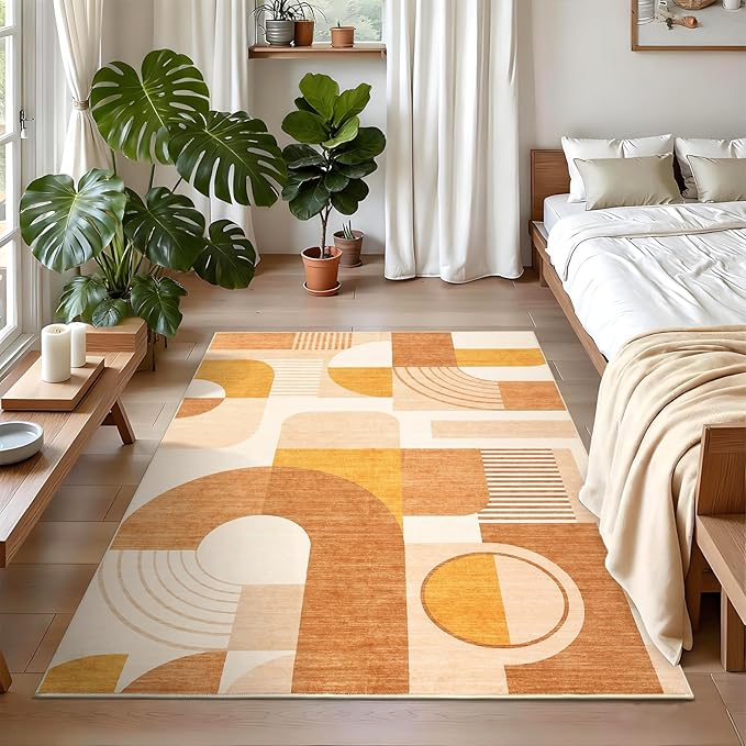 4x6 Washable Rug for Bedroom, Boho Geometric Small Area Rugs for Living Room Entryway Soft Low Pile Non-Slip Indoor Rug for Playroom Dorm Girls, Orange Multi, 4'x6'