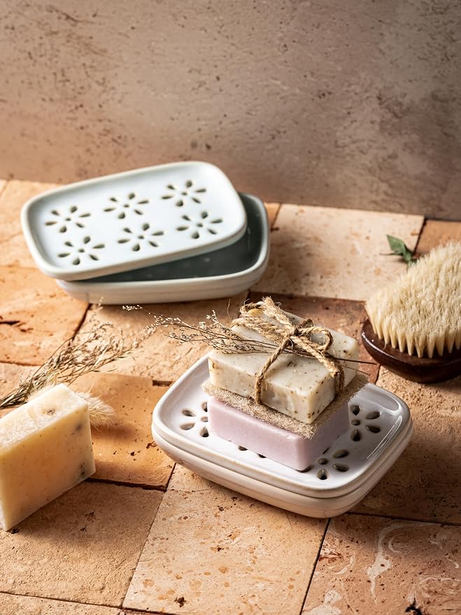 Miamolo Soap Dish for Shower with Drainage, Double Layer Bar Soap Holder, Ceramic Soap Saver Sponge Holder for Bathroom, Tub and Kitchen Sink, Slotted Draining Soap Dishes Extend Soap Life, Beige