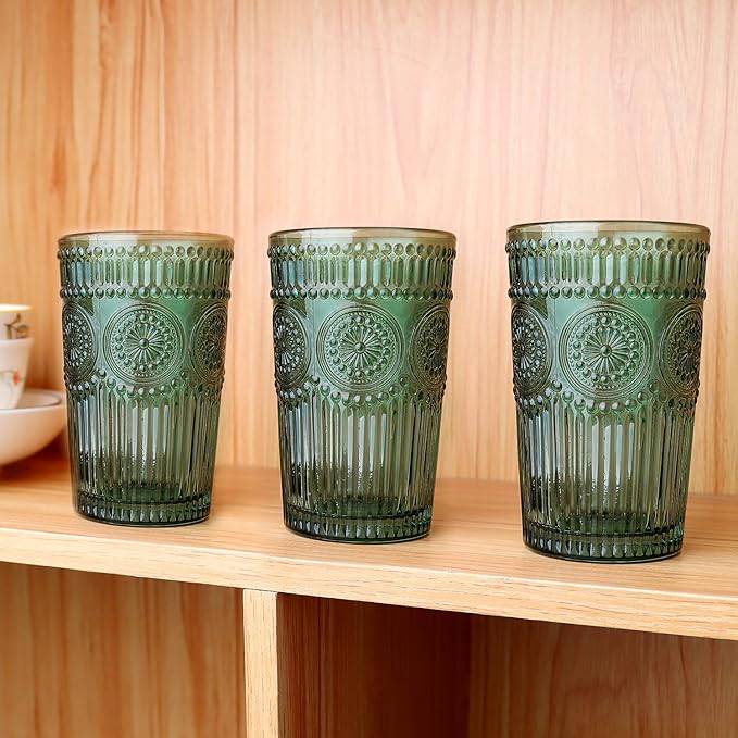 Loivttvv 6pcs Vintage Drinking Glasses Set, 12 oz Dark Green Highball Glasses, Embossed Ribbed Glassware Cups for Cocktail, Water, Juice, Coffee, Whiskey