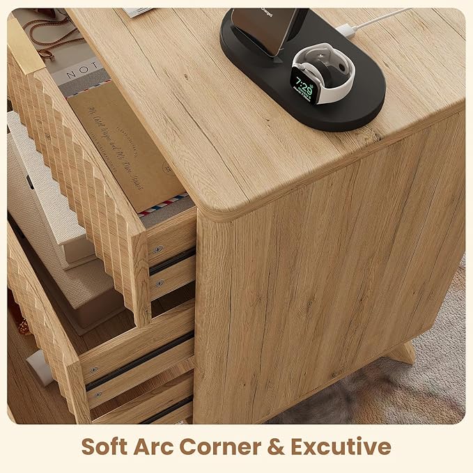 30" Tall Fluted NightStand,3 Drawers End Table with Charging Station,Modern Side Table with Storage, Night Stand Wood Bedside Tables for Bedroom,Curved Profile Design,Natural Oak