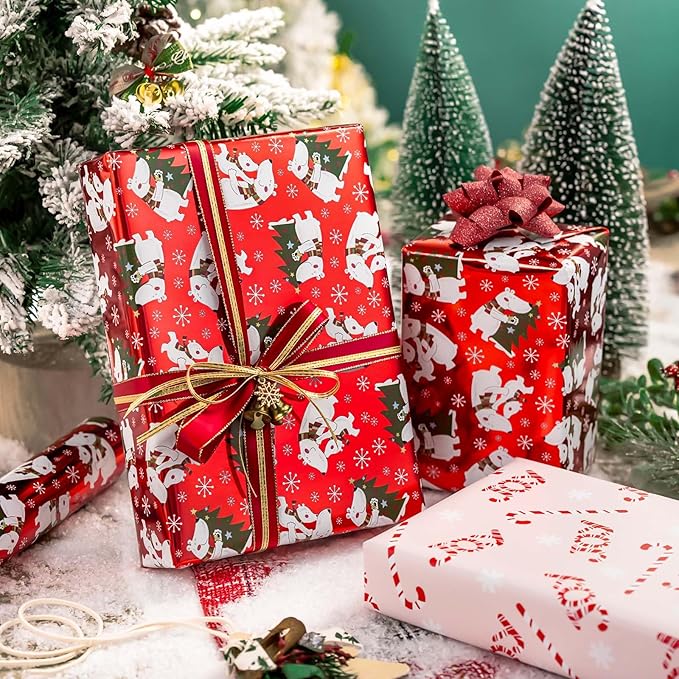 MAYPLUSS Christmas Wrapping Paper Roll - 17IN X 33FT - Red Gift Wrapping Paper Featuring white Polar Bear Christmas Tree Against Red Reversible Candy Cane for Kids, Holiday, New Year