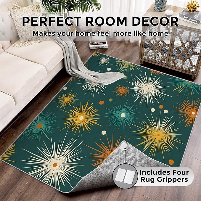 Abstract Atomic Rugs for Living Room Decor, 4x6 ft, MCM Geometric Starburst Area Rugs for Bedroom, Soft Non Slip Washable Mid Century Modern Carpet Home Decorations D-g48