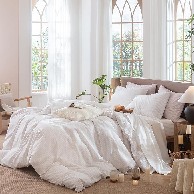 MooMee Striped Duvet Cover Set 100% Washed Cotton Linen Like Textured Breathable Durable Soft Comfy (White Heathered Greyish Pink Wide Stripes, Twin 68"x90")