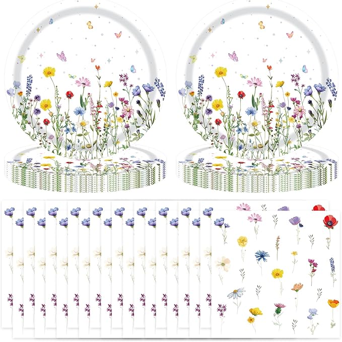 T-Antrix 40 Pcs Wildflower Plates And Napkins Party Supplies, Disposable Floral Wildflower Tableware Set for Spring Summer Picnic Wedding Birthday Tea Party Decoration Baby Shower Serves 20