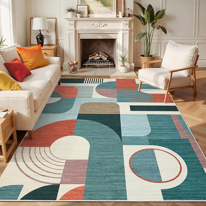 Area Rugs for Living Room, Boho Geometric Washable Rug for Bedroom Entryway Soft Low Pile Non-Slip Indoor Rugs for Dining Room Dorm Playroom, Blue Multi, 5'x7'