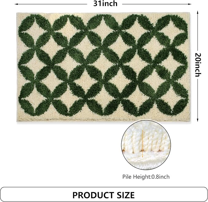 Civkor Green and Cream Bathroom Rug Non Slip Washable, Retro Bath Mat for Bathroom with TPR Backing, Quick Dry Fluffy Microfiber Piles, Super Water Absorbent Thin Bath Rug Fit Under Door, 31x20Inch