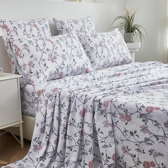 FADFAY Sheets Set Cal King Rustic Bird Floral Bed Sheets Set Vintage Botanical Bedding Shabby Branches Leaves Bedding Collections 100% Egyptian Cotton 17.7" Deep Pocket 4Pcs, California King Size