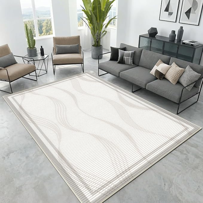 Merelax 5x8 Area Rug for Livingroom Bedroom - Washable Non-Slip Large Area Rug, Indoor Floor Carpet Low Pile Soft Rug for Dining Room, Mudroom, Modern Aesthetic Abstract Geometric Decor,Beige