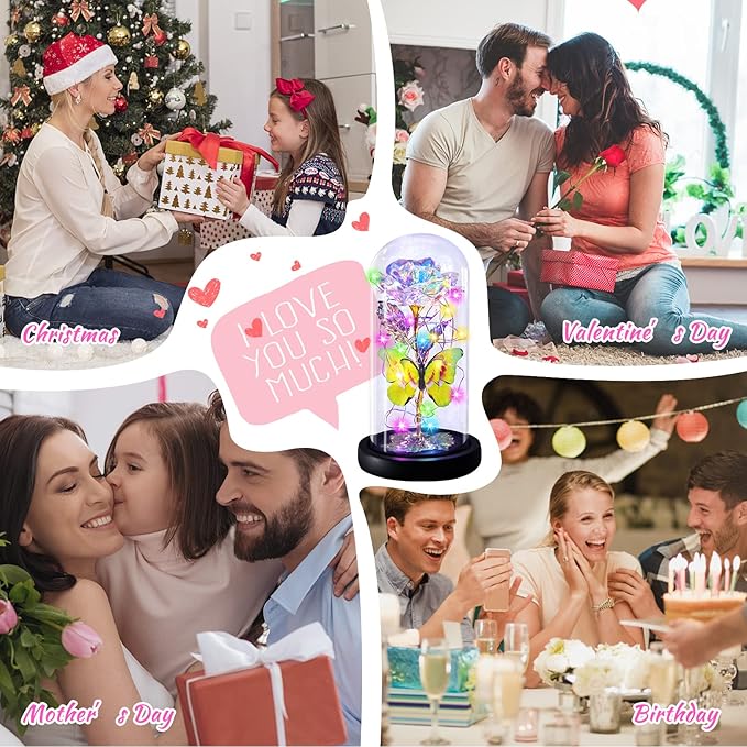 Rainbow Butterfly Rose Flower Birthday Gifts - Women Gifts for Her Anniversary Valentines Mothers Day Christmas Thanksgiving - Light Up Rose Flower Gifts for Wife Mom Grandma Girlfriend Lady Girl