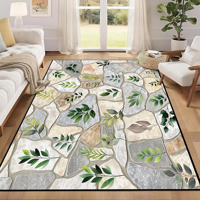 4'x6' Optical Illusion Rug 3D Stone Floor Mat Green Leaf Botanical Area Rug Rustic Nature Washable Carpet for Bedroom Living Room Kitchen Nursery Playroom Home Decor