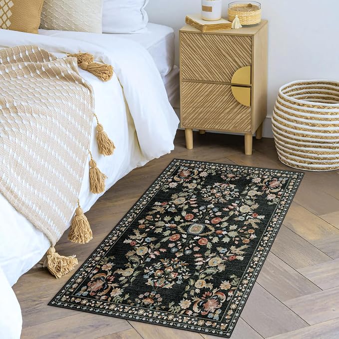 MUJOO Small Rug Washable,Black 2x3 Area Rugs for Entryway,Floral Front Door Mat Indoor Entrance Entry Way,Boho Kitchen Bathroom Floor Rug Throw Carpet Non Slip Low Pile Vintage