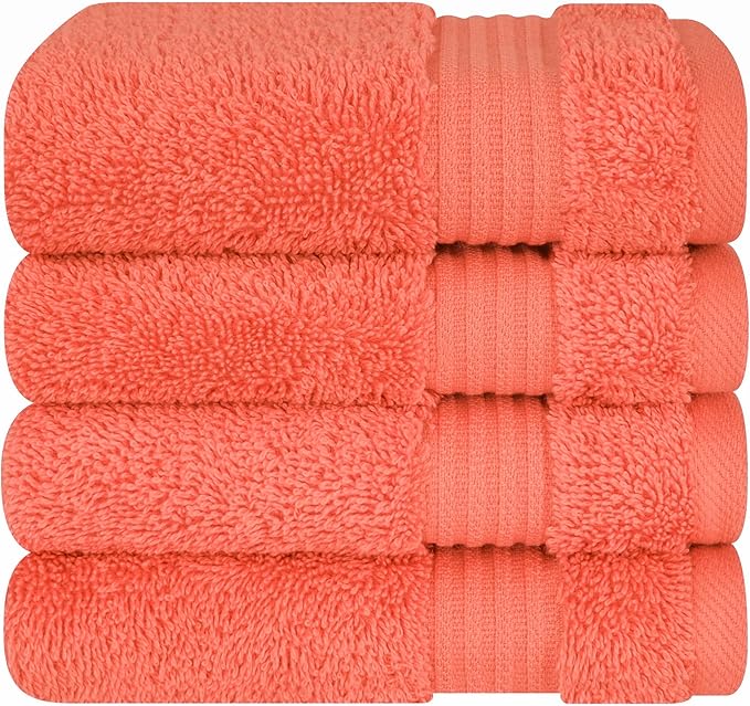 Cotton Paradise 100% Cotton Turkish Towel Set, Soft Absorbent Quick Dry, 4 Piece Washcloth Set, Coral
