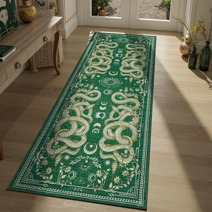 DCX Washable 2x6 Snake Runner Rug, Green Gothic Rug for Living Room, Soft Low Pile Carpet, Kid & Pet Friendly with Rubber Back Non Slip, Stain Resistant Rug for Bedroom Dining Room Office