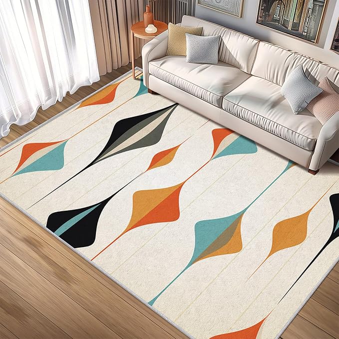 Mid Century Modern Rug 7x10, Washable Retro Geometric Rugs for Living Room Bedroom, Minimalist Area Rug for Home Decor, Non Slip Backing Floor Carpet with Gripper - 7 x 10 ft