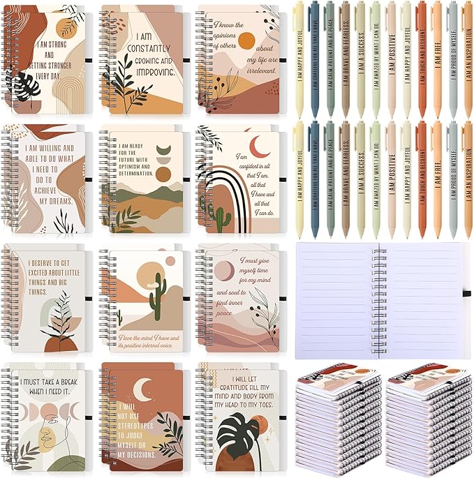Kosiz 48 Pcs/24 Set Positive Affirmation Gifts Gratitude Spiral Notebooks with Pens Motivational Encouragement Notepads Daily Affirmations Journal for Women Valentine Galentine Gifts (Boho)