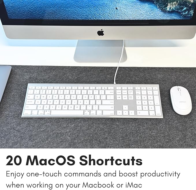 Macally Wired Keyboard for Mac (Upgraded Dual USB A + C Plug) - USB C Keyboard - Ultra Slim, 20 Shortcuts, 110 Scissor Keys - Compatible with Apple MacBook Pro/Air, Mac mini, iMac, iPad - Silver