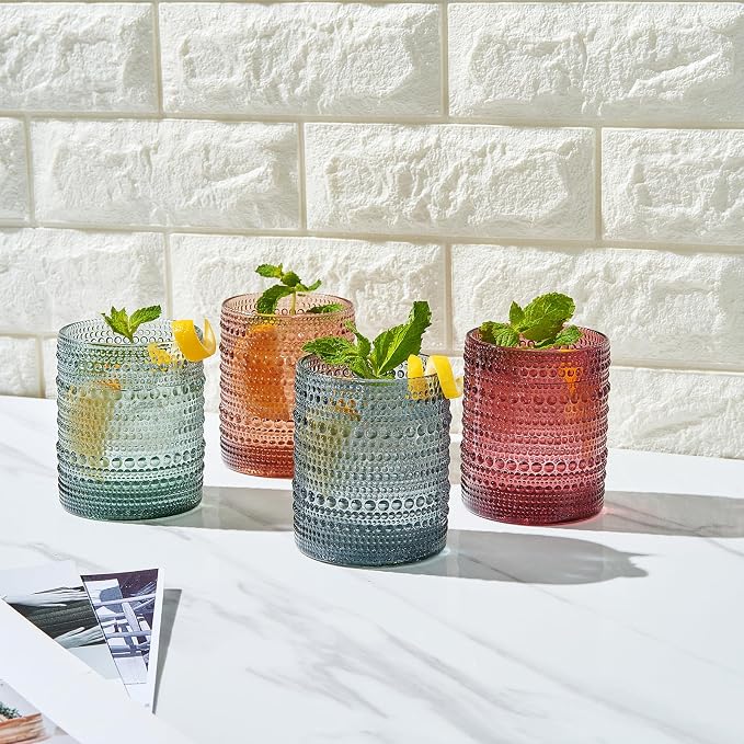 Khen Colored Glass Glasses | Set of 4 | Large Art Deco Glassware Muted Vintage Glasses for Wine, Champagne, Cocktail, Margarita, Wine Glass, Gift Idea, Muted Pastel Colors Goblets - Hobnail Beaded