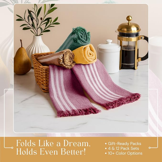 Stripe Kitchen Towels 4 Pack, 16"x26", Multicolors Dish Cloths for Drying Dishes, Reusable Wash Rags, Absorbent, Washable Towels - Mustard Yellow, Forest Green, Burgundy, Brown