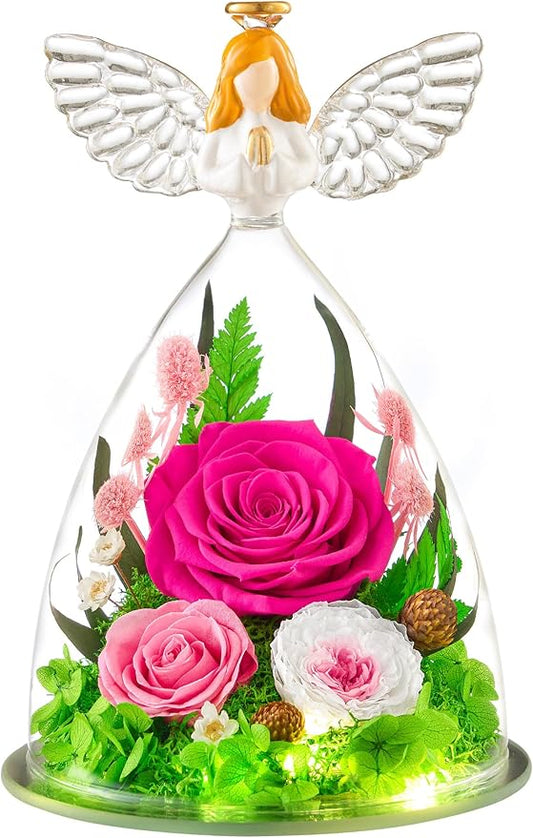 Gifts for Women Forever Flowers Preserved Rose in Glass Angel Figurine Real Colorful Roses Birthday Gifts for Her Grandma Sister Daughter Wife, Hot Pink