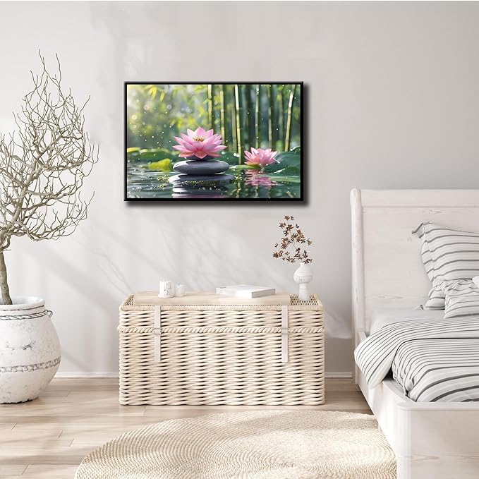 Ethereal pink lotus on obsidian Sunlit bamboo forest with sparkling water drops Poetic nature inspired wall art for tranquil homes and mindful spaces 24x36in Metal blackFramed
