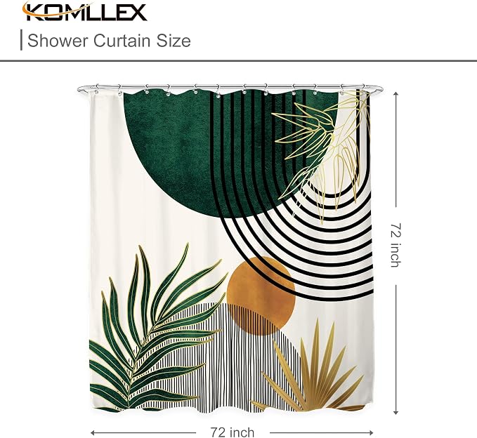 KOMLLEX Mid Century Green Boho Shower Curtain 72Wx72L Inches Abstract Modern Shower Curtains for Bathroom Plant Botanical Minimalist Leaf Arch Sun Fabric Liner Waterproof Polyester 12 Pack Hooks
