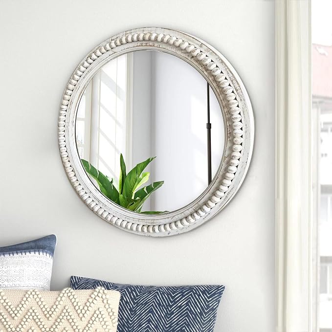 dwellington Rustic Round Wall 24 Inch Wood Circle Mirror with Beads, Decorative Farmhouse Mirror for Living Room, Bedroom, Kitchen, Entryway (White)