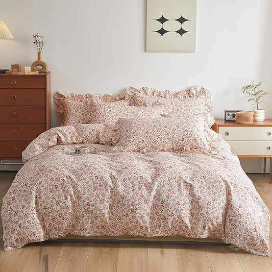 Girls Duvet Cover Pink Red Flower Duvet Cover 100% Cotton Floral Comforter Cover Vintage Boho Floral Bedding Set Queen Botanical Cottagecore Comforter Cover Queen Duvet Cover with Ruffle Pillowcases