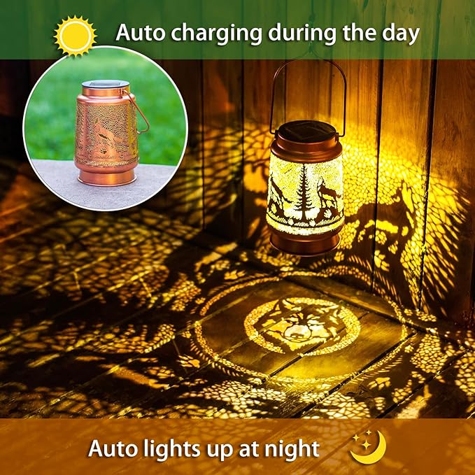 2 Pack Wolf Solar Lanterns Outdoor Waterproof Hanging Lights for Garden Decor, Yard, Patio, Lawn, Tabletop, Pathway, Landscape - Metal Decorative LED Lanterns, Gifts for Women Men