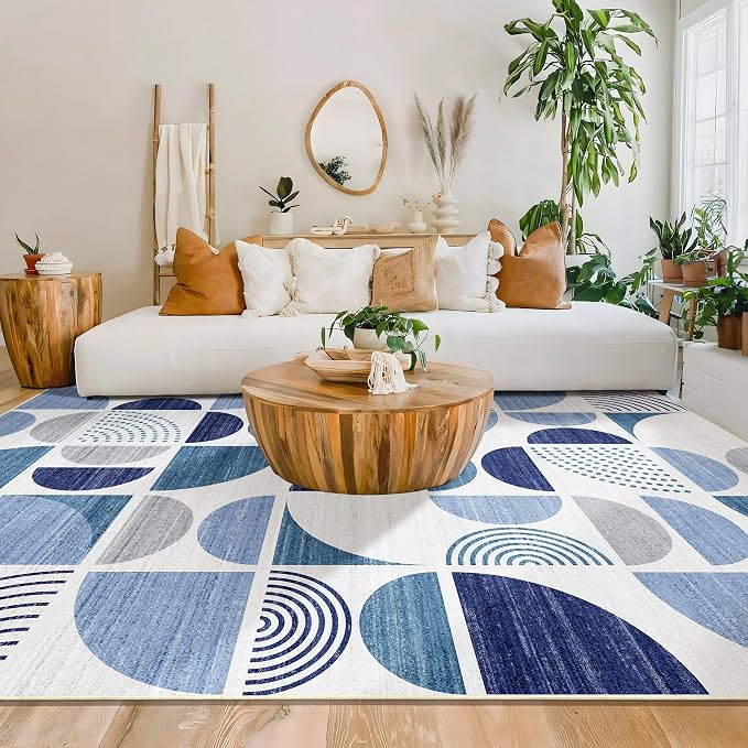 MUJOO Washable Rugs 9x12,Blue Large Area Rugs for Living Room Bedroom Dining Room,Boho Throw Floor Carpet Non Slip Soft Modern Abstract Navy Blue