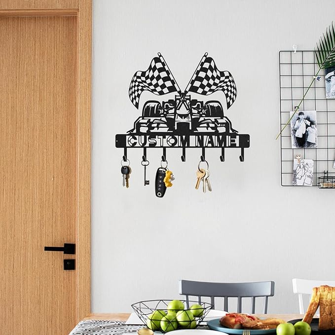 Personalized Racing Car Key Holder, Custom Metal Racing Car Key Hooks with Name, Large Black Metal Wall Hooks Rack, Custom Jacket Organizer for Garage, Living Room, Entryway, Gifts for Men(8in)