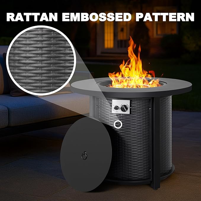 Nuu Garden 30'' Outdoor Round Propane Fire Pit Table, CSA-Certified 2-in-1 Gas Fire Pit with Rattan-Embossed Metal Frame, Stainless Steel Burner, Lid & Lava Rocks, for Patio Dining & Party, Black