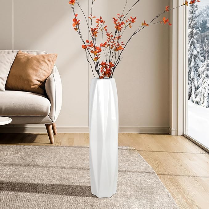 Large Ceramic Floor Vase for Flowers, 24 Inches Tall White Vases for Pampas Grass, Office, Home,Farmhouse,Living Room Décor,Simple Origami Design Decorative Porcelain Flower Vase Ideal Gift
