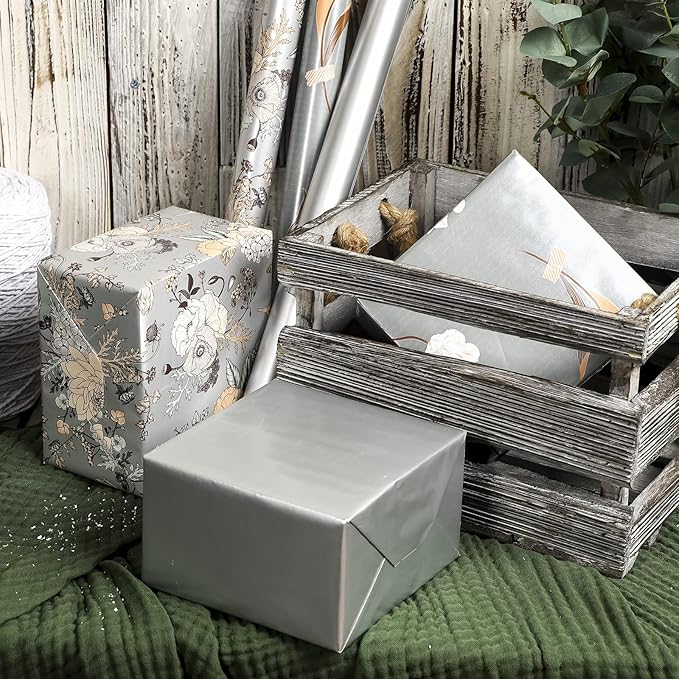 MAYPLUSS Wrapping Paper Roll - 3 Mini Roll - 17 in X 120 in Per roll - Sliver Floral, Silver Elegant Wrapping Paper for Girl,Women Wedding Party Birthday,Valentine's Day,Mother's Day