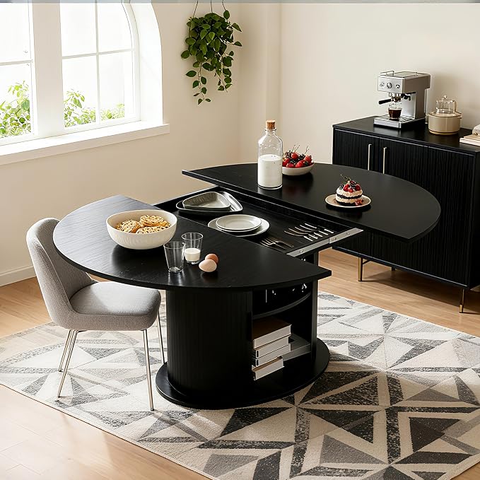Wildhome Extendable Round Dining Table for 2-4-6, 63 Inch Dining Room Kitchen Table with 2-Tier Storage Shelf, Modern Farmhouse Fluted Wood Slide Door Dinner Furniture,Oval Circle,Black-63 Inch