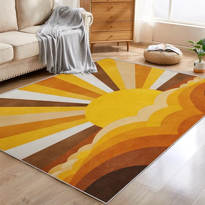 Boho Sun Rugs for Home Decor, 5x8 ft, Abstract Sunburst Retro Area Rugs for Living Room, Soft Non Slip Washable Mid Century Modern Carpet Bedroom Decorations Dt-Ghf-69