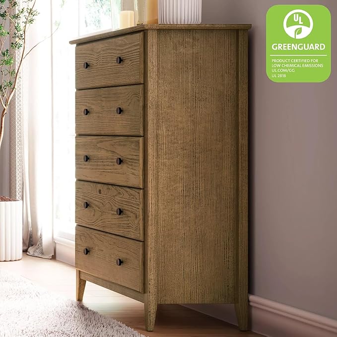 Grain Wood Furniture Greenport 5-Drawer Chest, Solid Wood with Brushed Hickory Finish