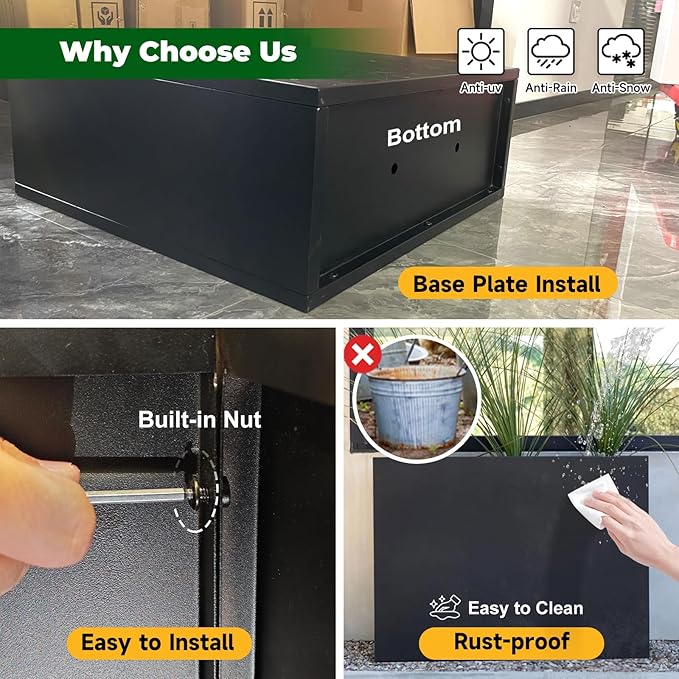 Black Steel Planter Box for Outdoor Plants 24" x 10" x 24" Metal Rectangular Outdoor Planter Box All-Weather Use with Drainage Holes for Patio,Porch,Garden (Black, 24 * 10 * 24)