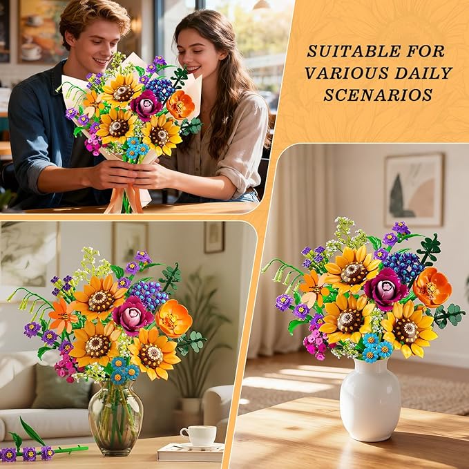 Wild Flowers Bouquet Building Set with Lights - Wildflower 18 Flower Botanicals Collection Building Blocks Sunflower Rose Violet Plants Home Decor Gift for Her Adults Women Girls 12+ (912PCS)