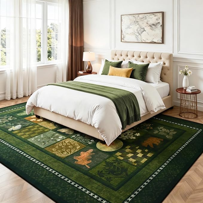 Tepook 5x7 Area Rugs for Living Room, Modern Large Geometric Rug for Bedroom, Washable Patchwork Rug Indoor Non Slip Throw Carpets for Dining Room Office Farmhouse Home Decor, Dark Green