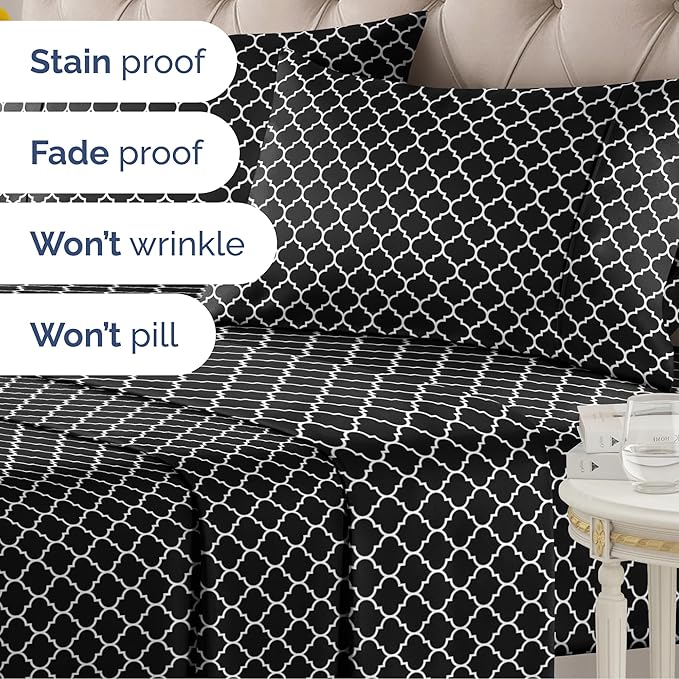 Black Geometric Bed Sheets - 1 Flat & 1 Fitted Sheet & 1 Pillowcase w/ Deep Pockets – Wrinkle & Fade Free- Ultra-Soft, Breathable and Cooling - Luxury Moroccan Bed Set – Twin Size - Black Quatrefoil