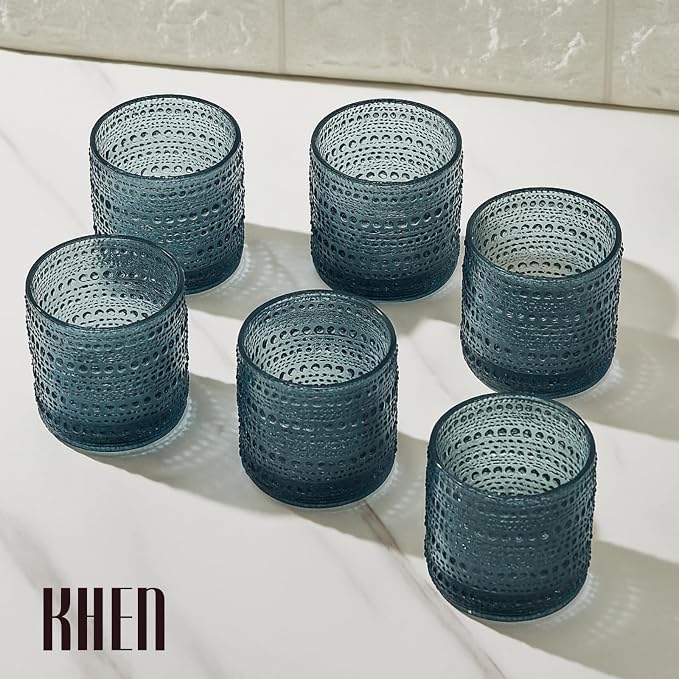 Blue Hobnail Drinking Tumbler | Set of 6 | 11 OZ Bubble Design Vintage Glassware, Beverage Glasses Bubble Water, Wine, Old Fashioned Cocktail, Whiskey Rocks Glass Cup, Elegant Glassware Gifts For Home