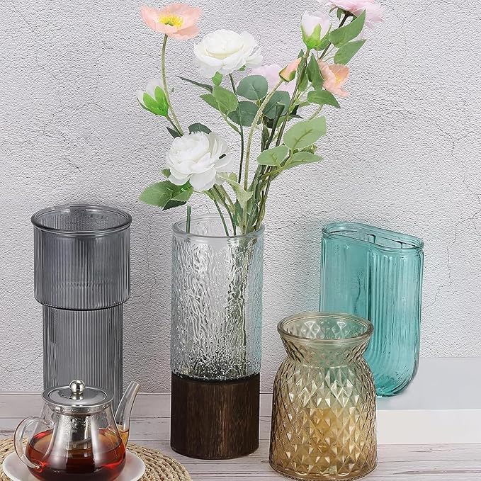 Wooden Vase, Glass Vase with Wooden Base Cylindrical Flower Vase, Classic Boho Rustic Style for Fireplace Bedroom Kitchen Living Room Centerpieces Office Desk, 10" H (Cold Grain)