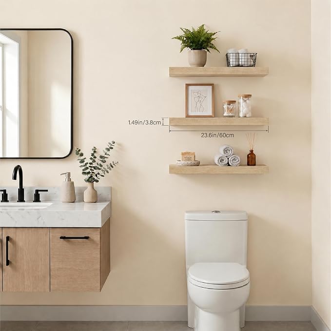 Floating Shelves for Wall, Bathroom Shelves Over Toilet, Wall Shelves & Book Shelf for Room, Hanging Shelf, Modern Wooden Mounted Floating Shelves, 24x7x1.5 in (Oak, Set of 3)