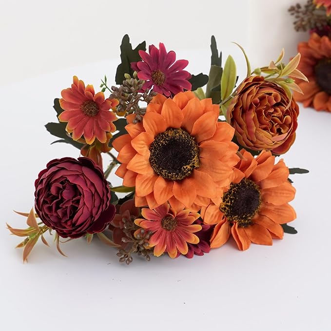 3 Bunches Sunflowers Fake Flowers, Fall Silk Artificial Sunflowers Decorations for Home Office, Wedding, Autumn Floral Arrangements, Halloween, Thanksgiving, Harvest Festival Decoration