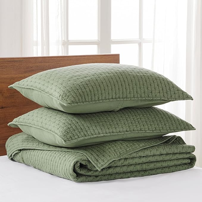 Levtex Home Cross Stitch Reversible King Bedspread Set (120x104in) with 2 Pillow Shams (36x20in) - Stitch Texture - Forest Green - Cotton King Size Bedspread Set - Soft, Pre-Washed
