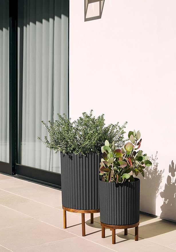 Veradek Demi Series Round Planter w/Stand for Porch/Patio | Durable Plastic-Stone Composite & Wooden Stand | Modern Décor for Tall Plants, Flowers