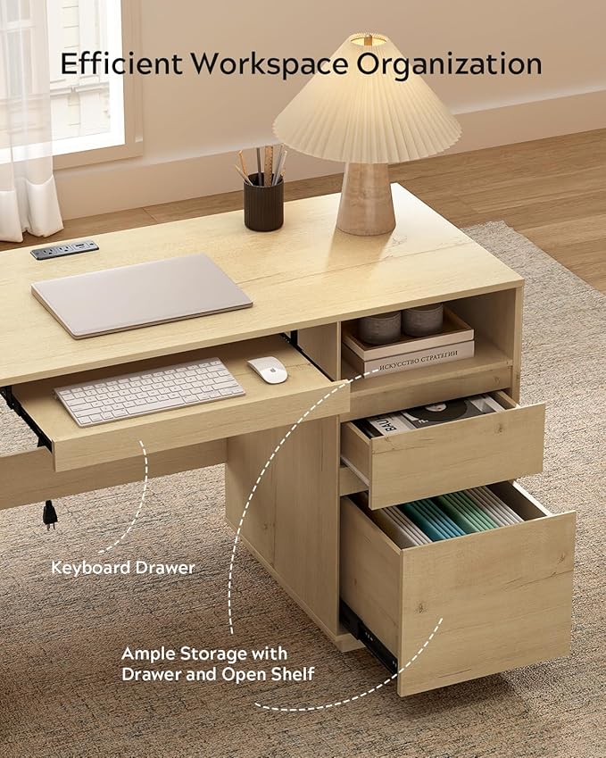59" Farmhouse Office Desk, Wide Home Executive Desk with File Drawer & Open Storage & Power Outlet, Wooden Computer Desk for Study Writing, Light Oak