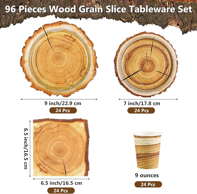 96 Pieces Camping Wood Grain Slice Tableware Set Rustic Wood Party Supplies Including Paper Plates Cups Napkins Serves 24 Guests for Hunting Baby Shower Lumberjack Birthday Party