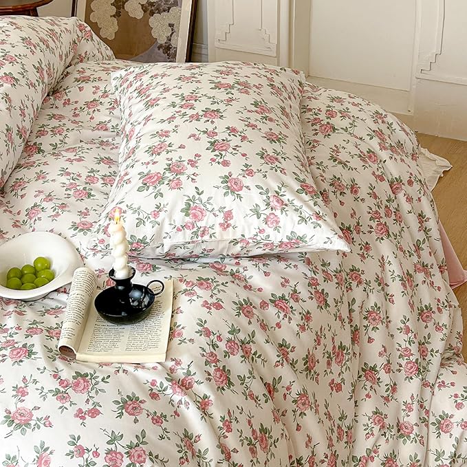 VM VOUGEMARKET Peach Pink Flower Duvet Cover Set Twin Cotton Girl's Blossom Comfoter Cover with Zipper Closure,Cottagecore Bedding Set-68"x86"